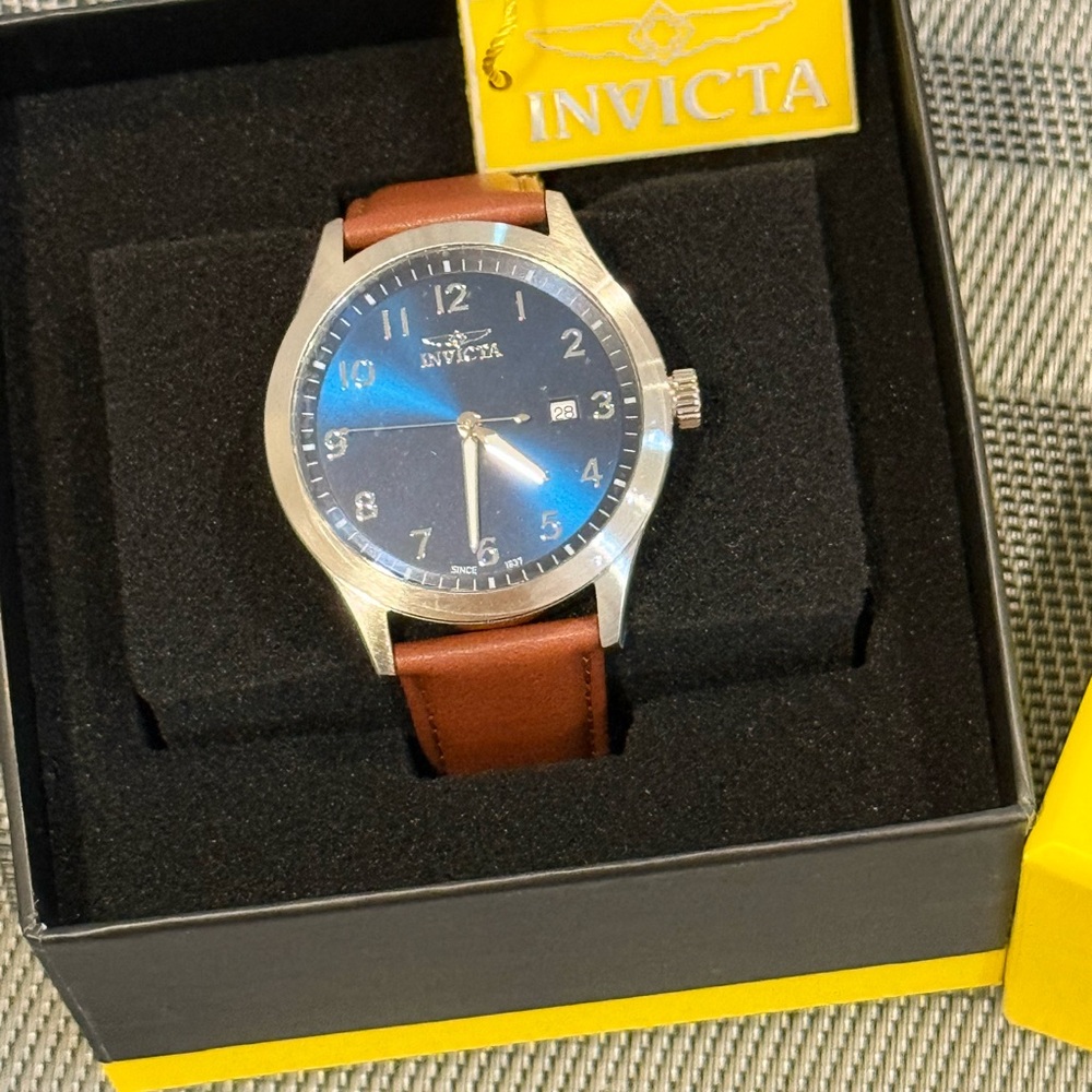 Invicta Celestial Silver Case Watch with Blue Face and Brown Strap